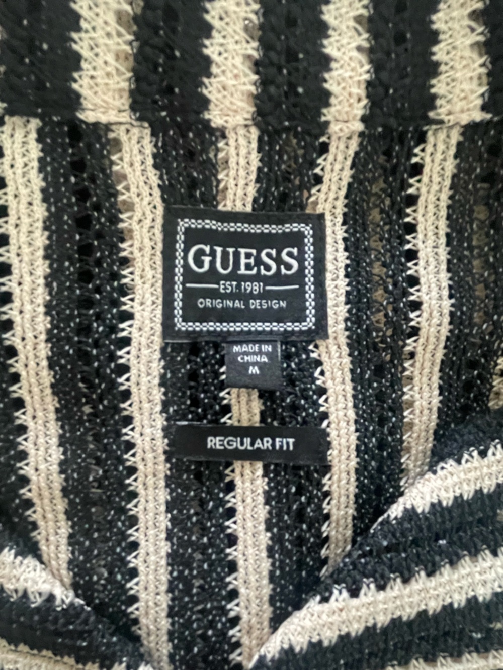 GUESS Black Beige Striped Knit Button Up Shirt Sheer Crochet Retro 90s Inspired - Picture 2 of 8